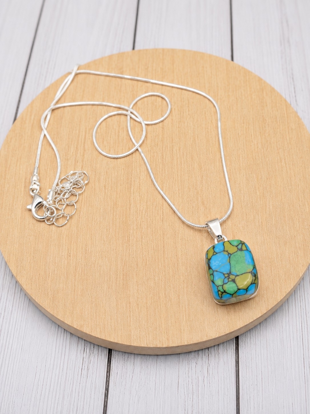 Silver Pendant Necklace with Blue-Green Stone